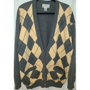 August Max Woman Sweater Cardigan Lambswool‎ Acrylic Argyle 3x Yellow Gray